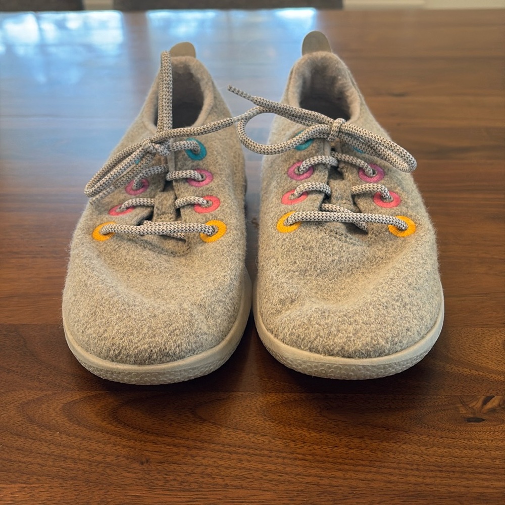 Allbirds wool sneakers with colorful lace holes. Size Y3